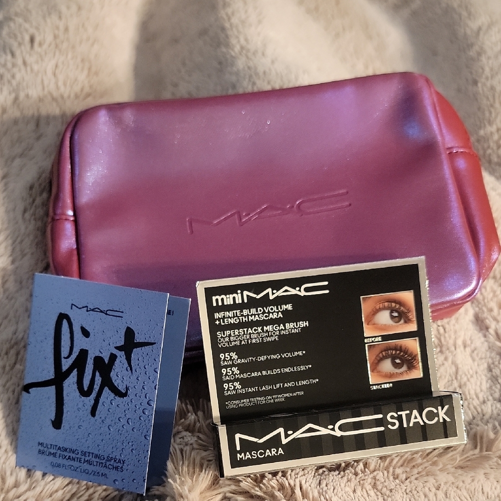 New MAC Iridescent Purple Cosmetic Bag With Travel Mascara & Sample Fix IT Spray